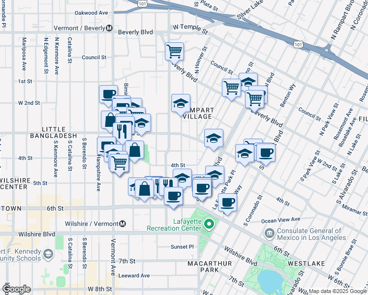 map of restaurants, bars, coffee shops, grocery stores, and more near 328 South Commonwealth Avenue in Los Angeles