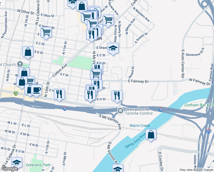 map of restaurants, bars, coffee shops, grocery stores, and more near 871 East G Street in Colton