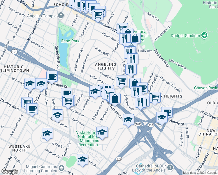 map of restaurants, bars, coffee shops, grocery stores, and more near 607 East Edgeware Road in Los Angeles