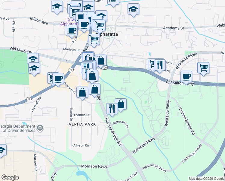 map of restaurants, bars, coffee shops, grocery stores, and more near Nottaway Lane in Alpharetta