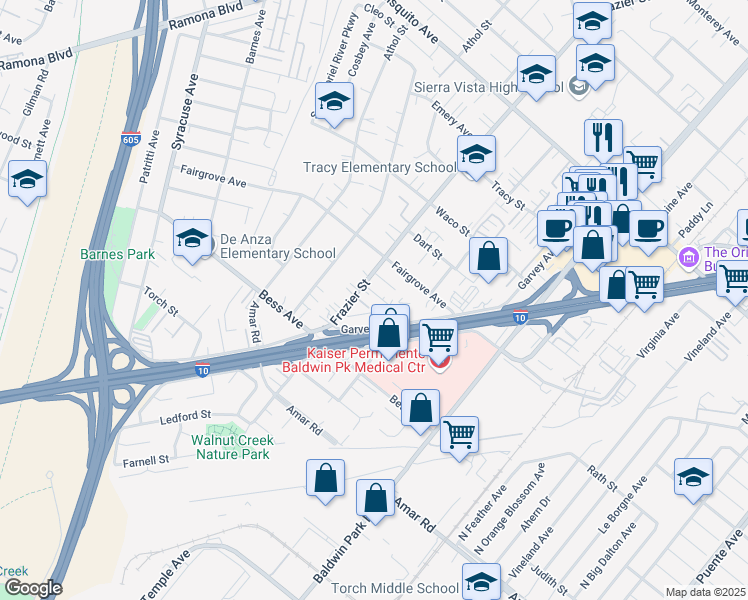 map of restaurants, bars, coffee shops, grocery stores, and more near 3114 Frazier Street in Baldwin Park
