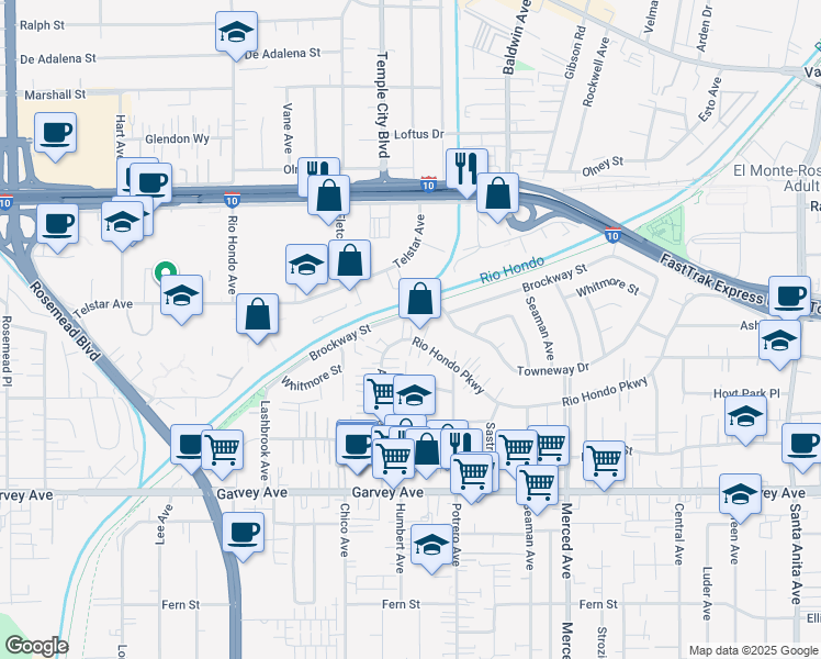 map of restaurants, bars, coffee shops, grocery stores, and more near 9713 Rio Hondo Pkwy in El Monte