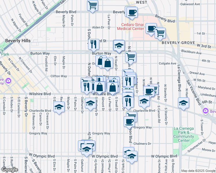map of restaurants, bars, coffee shops, grocery stores, and more near 127 North La Peer Drive in Beverly Hills
