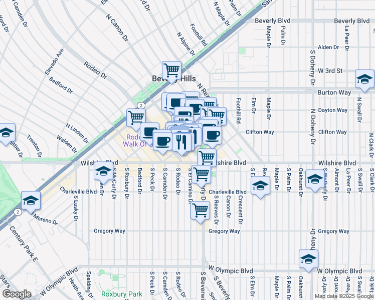 map of restaurants, bars, coffee shops, grocery stores, and more near 236 North Rodeo Drive in Beverly Hills
