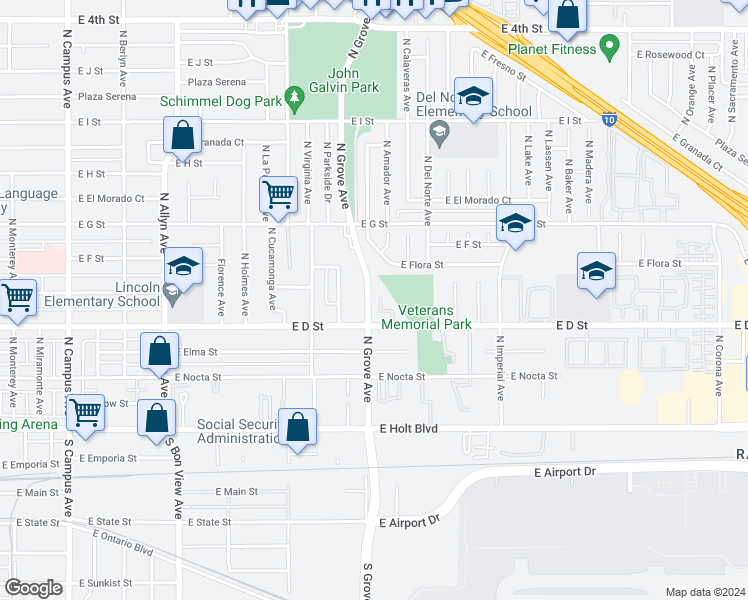 map of restaurants, bars, coffee shops, grocery stores, and more near 428 North Grove Avenue in Ontario