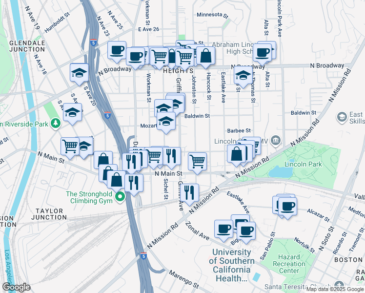 map of restaurants, bars, coffee shops, grocery stores, and more near 2008 Griffin Avenue in Los Angeles