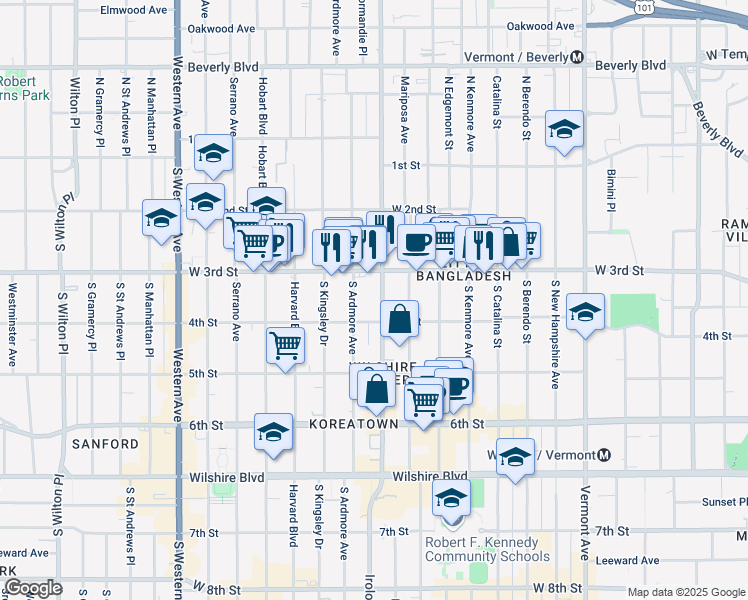 map of restaurants, bars, coffee shops, grocery stores, and more near 335 Normandie Avenue in Los Angeles