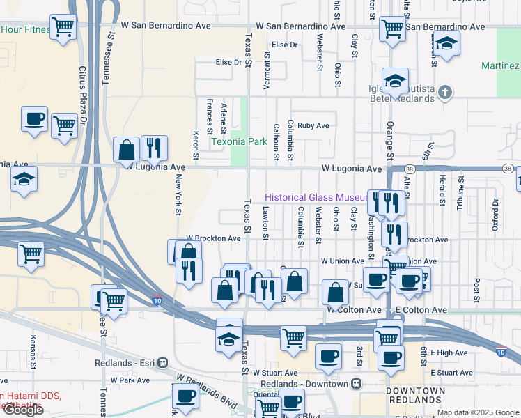 map of restaurants, bars, coffee shops, grocery stores, and more near 1143 Lawton Street in Redlands