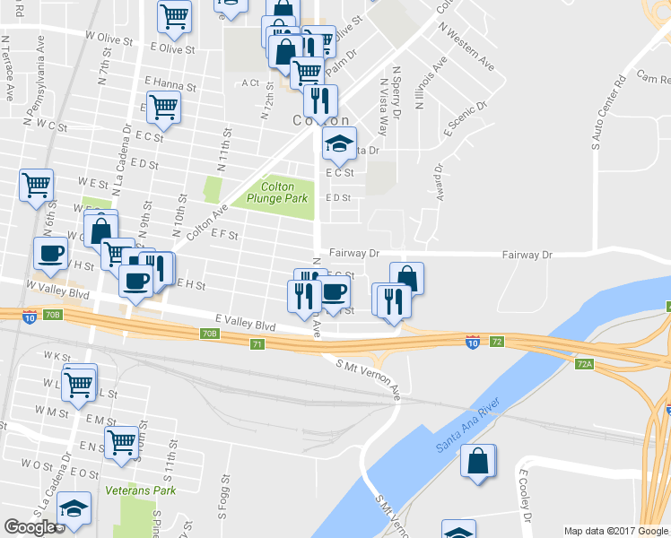 map of restaurants, bars, coffee shops, grocery stores, and more near 825 East G Street in Colton