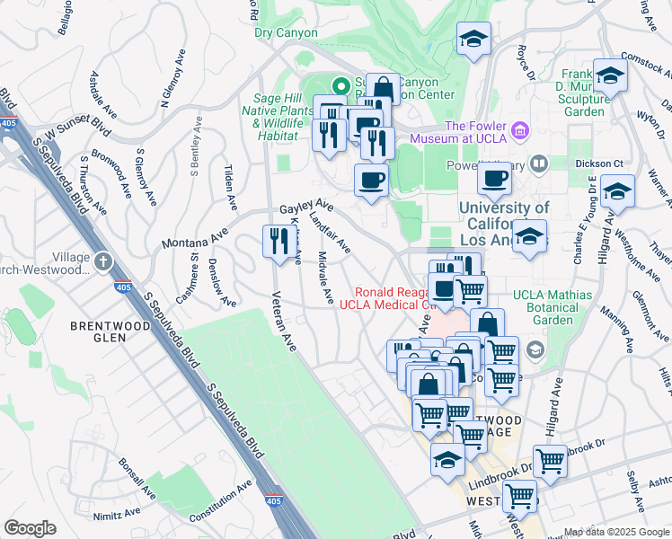 map of restaurants, bars, coffee shops, grocery stores, and more near 11002 Ophir Drive in Los Angeles