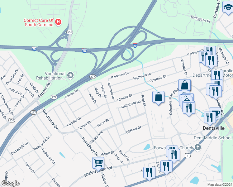 map of restaurants, bars, coffee shops, grocery stores, and more near 7232 Pinedale Drive in Columbia