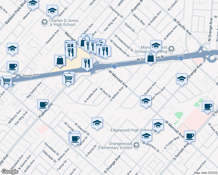 map of restaurants, bars, coffee shops, grocery stores, and more near 1244 South Leland Avenue in West Covina