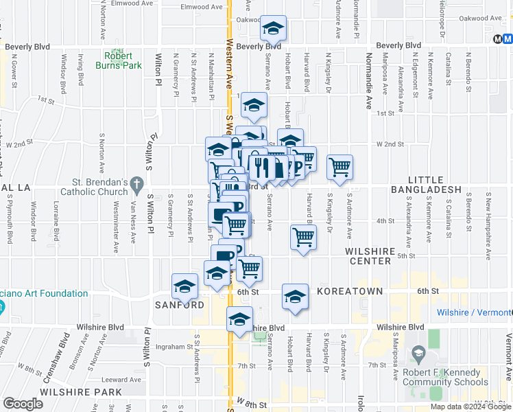 map of restaurants, bars, coffee shops, grocery stores, and more near 332 South Oxford Avenue in Los Angeles