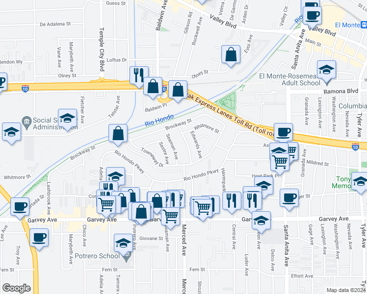map of restaurants, bars, coffee shops, grocery stores, and more near 3347 Friendswood Avenue in El Monte