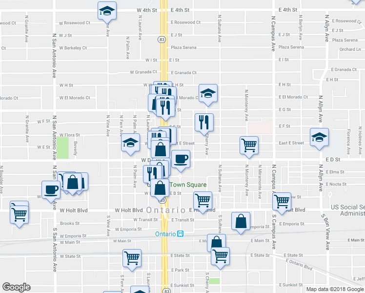 map of restaurants, bars, coffee shops, grocery stores, and more near 430 North Lemon Avenue in Ontario