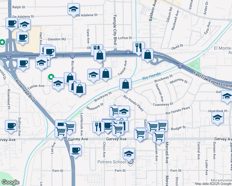 map of restaurants, bars, coffee shops, grocery stores, and more near 9654 Brockway Street in El Monte