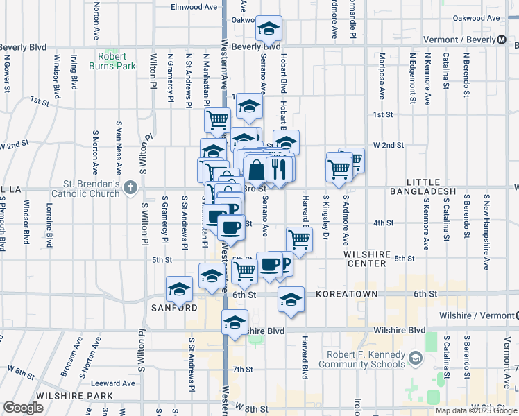 map of restaurants, bars, coffee shops, grocery stores, and more near 332 South Serrano Avenue in Los Angeles