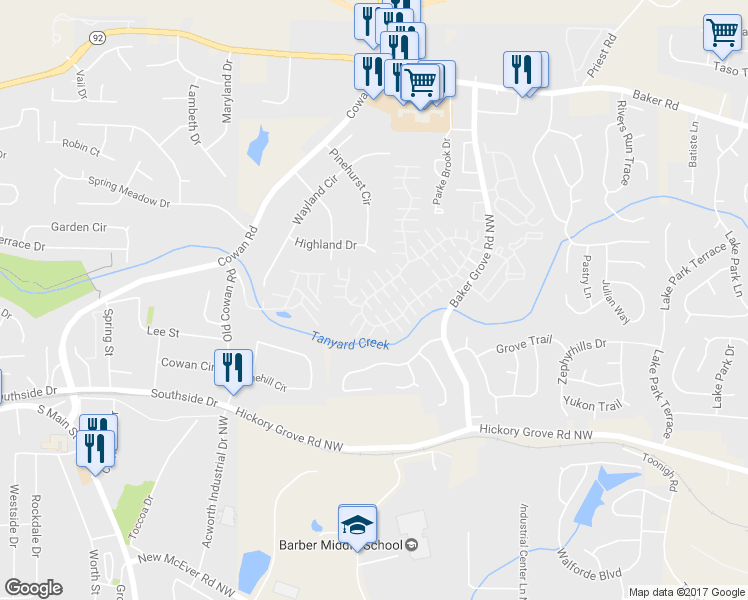 map of restaurants, bars, coffee shops, grocery stores, and more near 591 Windcroft Circle Northwest in Acworth