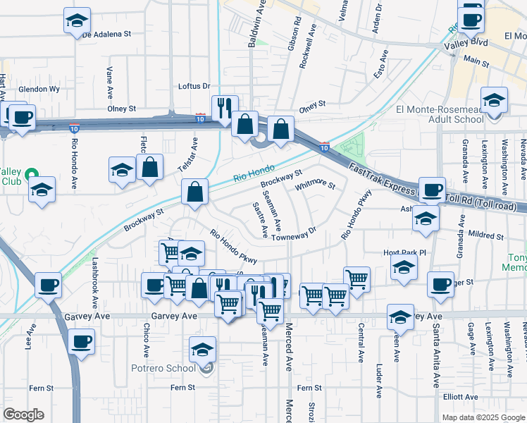 map of restaurants, bars, coffee shops, grocery stores, and more near 3346 Sastre Avenue in El Monte