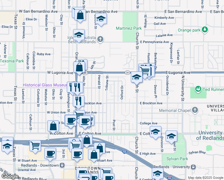 map of restaurants, bars, coffee shops, grocery stores, and more near 1133 Post Street in Redlands