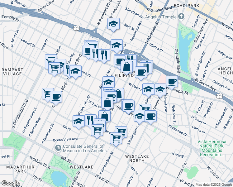 map of restaurants, bars, coffee shops, grocery stores, and more near 141 North Alvarado Street in Los Angeles