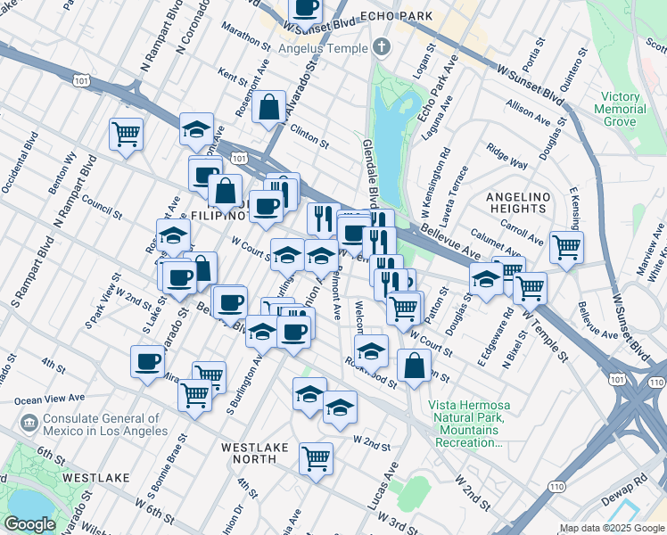 map of restaurants, bars, coffee shops, grocery stores, and more near 334 Belmont Avenue in Los Angeles