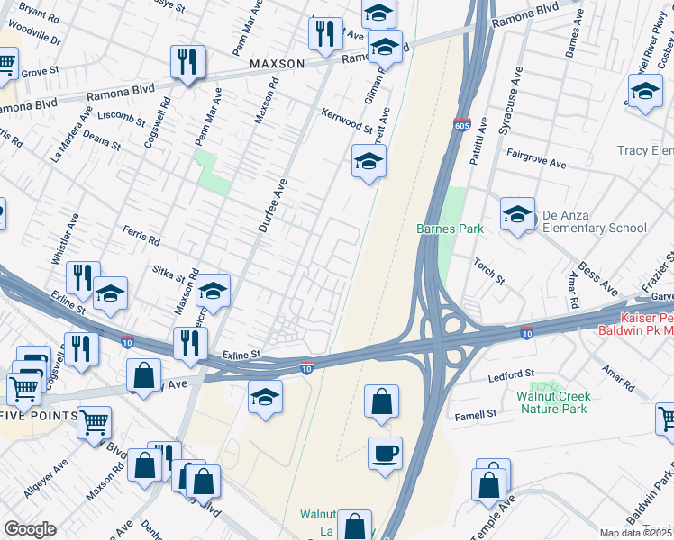 map of restaurants, bars, coffee shops, grocery stores, and more near 12531 Somerset St in El Monte