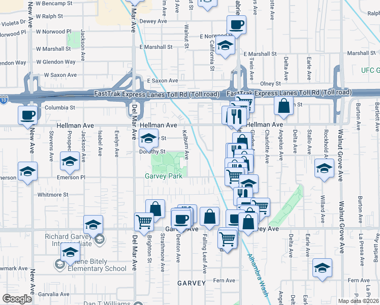 map of restaurants, bars, coffee shops, grocery stores, and more near 3260 Kelburn Avenue in Rosemead