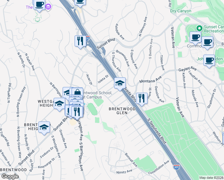 map of restaurants, bars, coffee shops, grocery stores, and more near 11332 Gladwin Street in Los Angeles