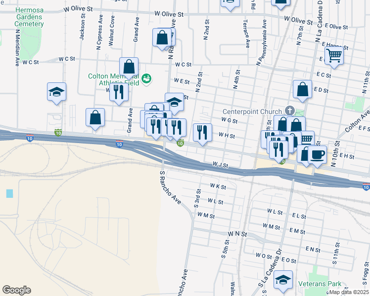 map of restaurants, bars, coffee shops, grocery stores, and more near 736 West Valley Boulevard in Colton