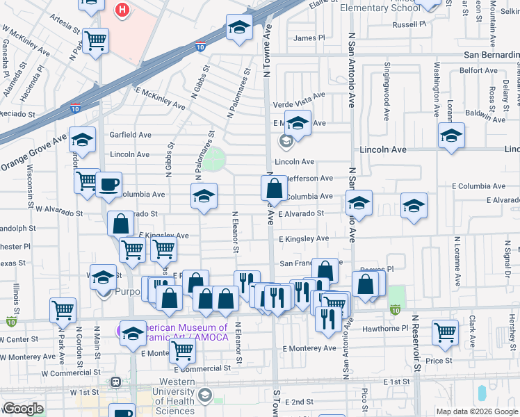 map of restaurants, bars, coffee shops, grocery stores, and more near 573 East Alvarado Street in Pomona