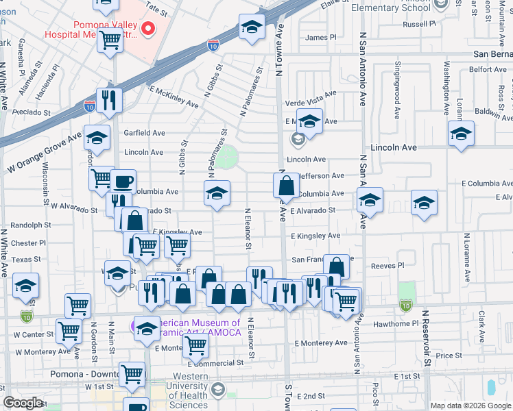 map of restaurants, bars, coffee shops, grocery stores, and more near 495 East Alvarado Street in Pomona