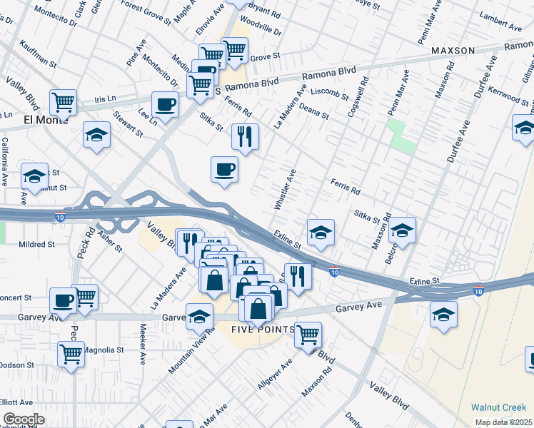 map of restaurants, bars, coffee shops, grocery stores, and more near 3424 Whistler Avenue in El Monte