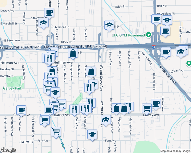 map of restaurants, bars, coffee shops, grocery stores, and more near 8535 Dorothy Street in Rosemead