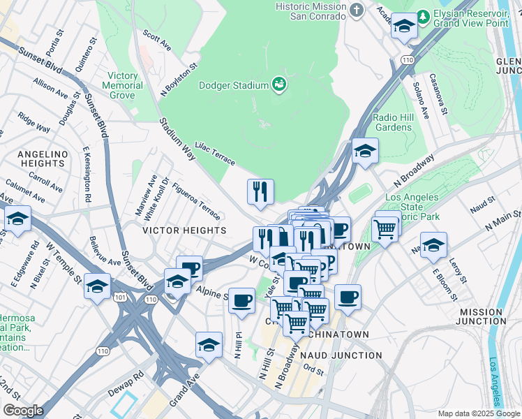 map of restaurants, bars, coffee shops, grocery stores, and more near 711 Bernard Street in Los Angeles