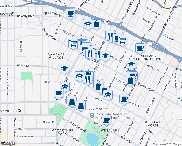 map of restaurants, bars, coffee shops, grocery stores, and more near 215 South Rampart Boulevard in Los Angeles