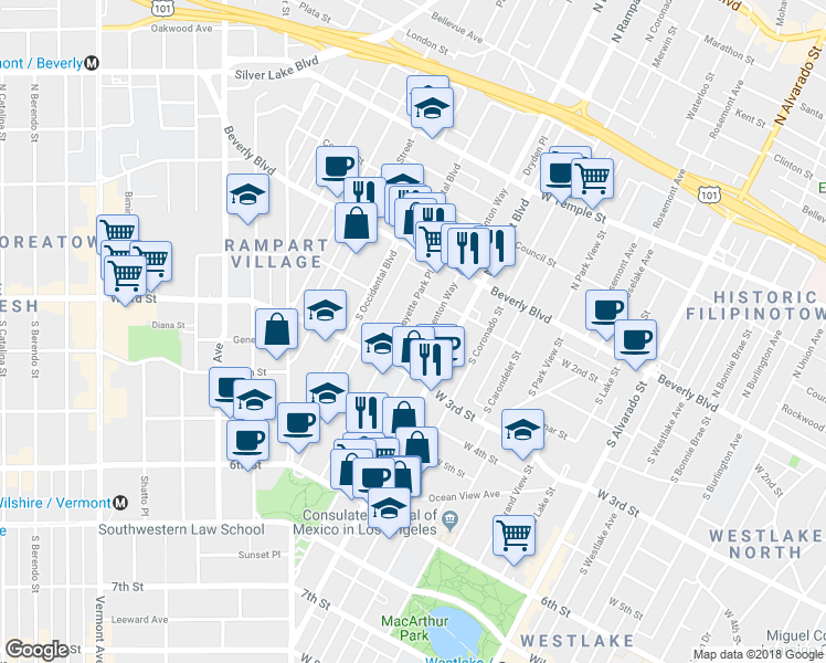 map of restaurants, bars, coffee shops, grocery stores, and more near 238 South La Fayette Park Place in Los Angeles