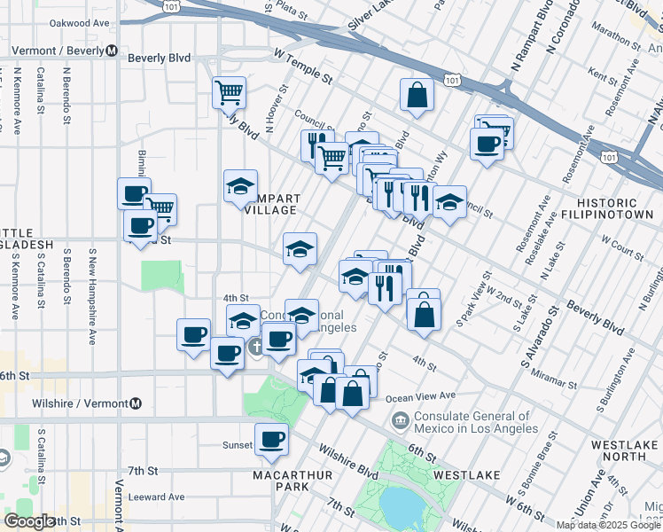 map of restaurants, bars, coffee shops, grocery stores, and more near 269 South La Fayette Park Place in Los Angeles