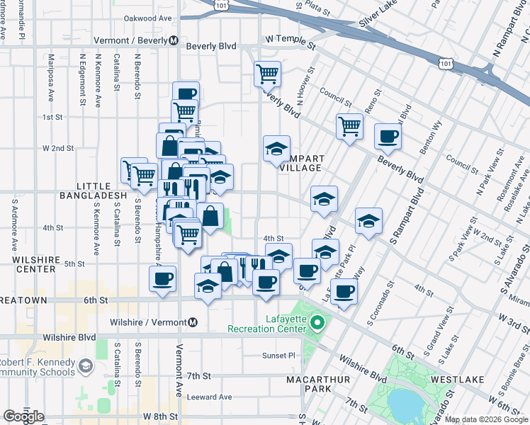 map of restaurants, bars, coffee shops, grocery stores, and more near 333 South Virgil Avenue in Los Angeles