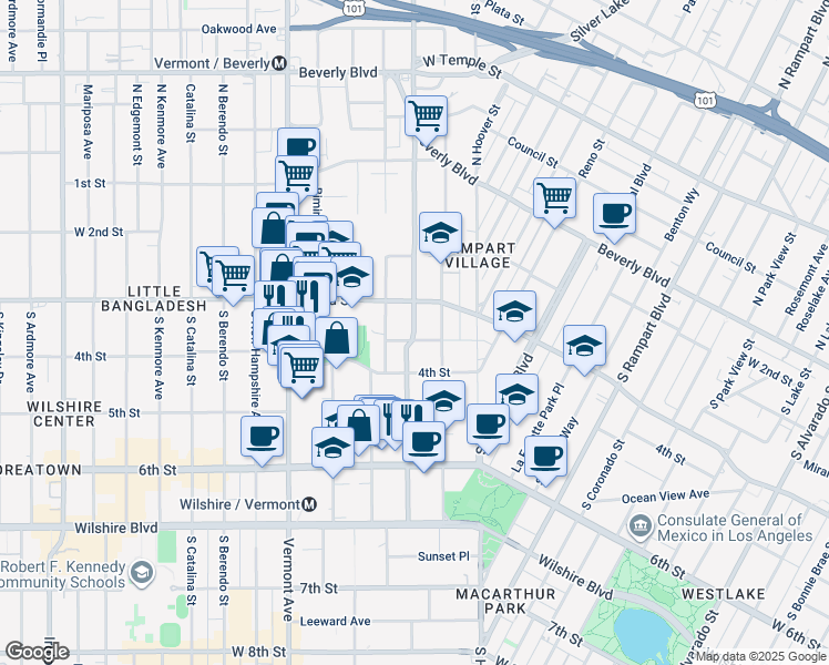 map of restaurants, bars, coffee shops, grocery stores, and more near 333 South Virgil Avenue in Los Angeles