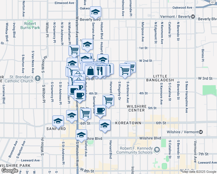 map of restaurants, bars, coffee shops, grocery stores, and more near 334 South Hobart Boulevard in Los Angeles