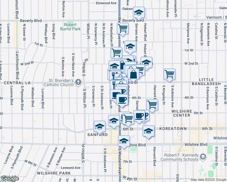 map of restaurants, bars, coffee shops, grocery stores, and more near 333 South Western Avenue in Los Angeles