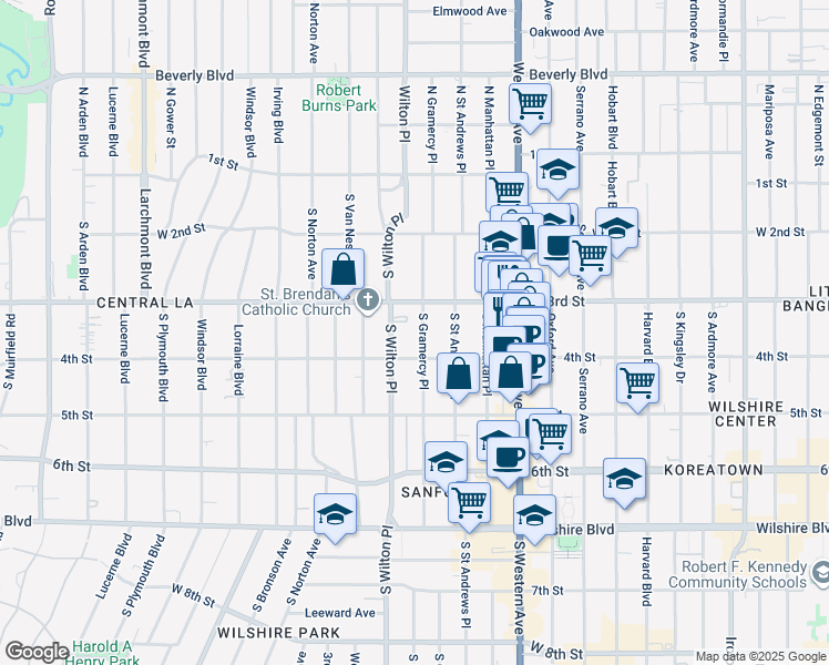 map of restaurants, bars, coffee shops, grocery stores, and more near 326 South Gramercy Place in Los Angeles