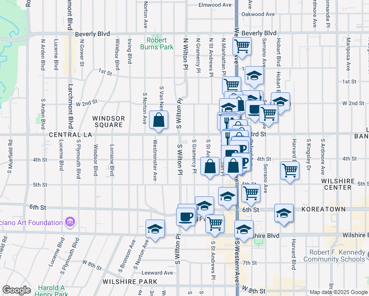 map of restaurants, bars, coffee shops, grocery stores, and more near 332 South Wilton Place in Los Angeles