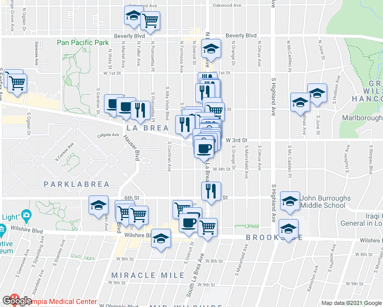 map of restaurants, bars, coffee shops, grocery stores, and more near 325 South Detroit Street in Los Angeles