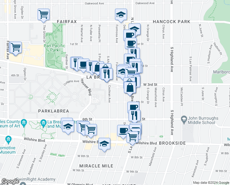 map of restaurants, bars, coffee shops, grocery stores, and more near 336 South Cochran Avenue in Los Angeles