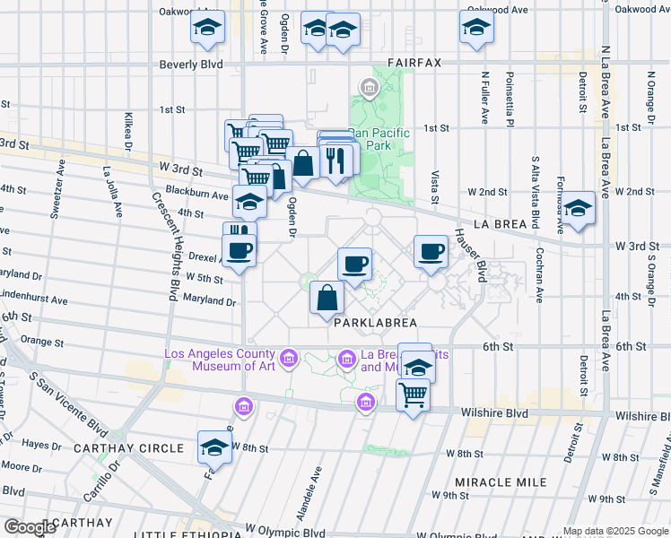 map of restaurants, bars, coffee shops, grocery stores, and more near 400 South Orange Grove Avenue in Los Angeles