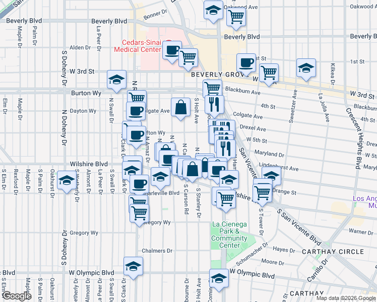 map of restaurants, bars, coffee shops, grocery stores, and more near 149 North Stanley Drive in Beverly Hills
