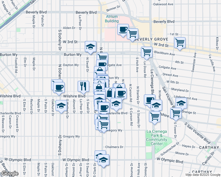 map of restaurants, bars, coffee shops, grocery stores, and more near 151 North Arnaz Drive in Beverly Hills