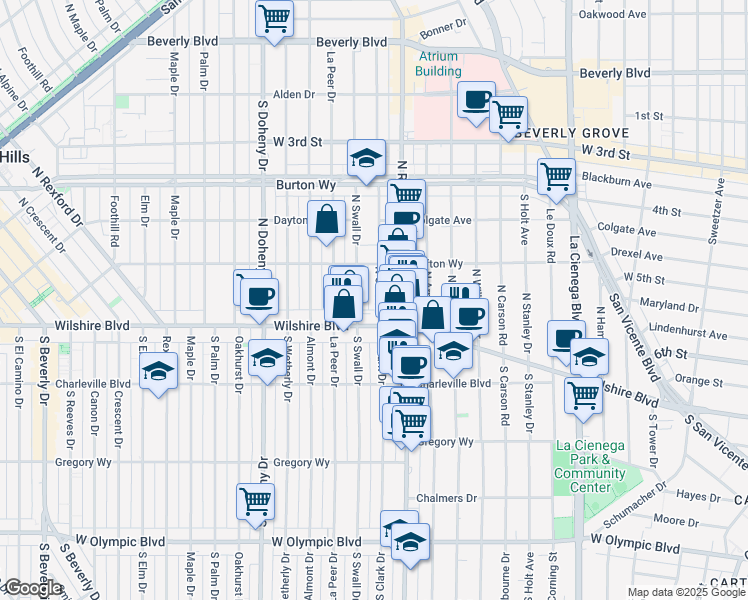 map of restaurants, bars, coffee shops, grocery stores, and more near 124 North Clark Drive in Beverly Hills